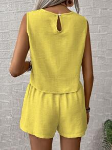 EMERY ROSE 2pcs Simple Solid Color Women's Sleeveless Top & Shorts Set, Casual Daily Wear - Yellow - View 2