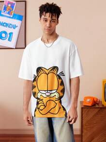GARFIELD | SHEIN 情侣趣味卡通猫咪印花T恤，适合男朋友约会，白色，夏季 - 白色 - 查看 3