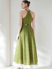 SHEIN Privé Váy suông trễ vai tua rua hở lưng hở eo sang trọng cao cấp phong cách Pháp thanh lịch cho kỳ nghỉ của phụ nữ - màu xanh lá - Xem 2