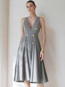 Aveloria Modichic Double Breasted Fold Pleated Detail Dress - Light Grey - View 3