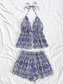 Soleia طقم للنساء مكون من 2 قطع: ملابس علوية كم قصير بياقة على شكل حرف V وشورت فضفاض مريح، بتصميم ذو طراز رجعي، شكل كلاسيكي عصري، مناسب للمناسبات والسهرات والشارع والعطلات - ازرق وابيض - مشاهدة 4