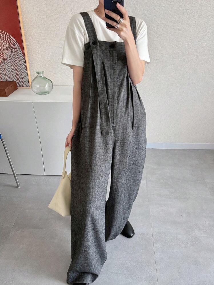 FRIFUL 女式可调节肩带纽扣褶皱休闲阔腿纯色连体裤，适合假日的商务休闲装 - 灰色 - 查看 6