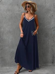 Easowa Women's Solid Color Stretch Knit Contrast Ribbon Casual Holiday Maxi Slip Dress, Spring/Summer,Bohemia - Navy Blue - View 8
