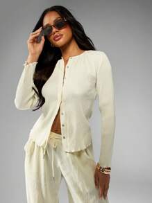 MISSGUIDED Conjunto de dos piezas de resort con pantalón palazzo de pierna ancha y cárdigan abotonado de manga larga, en estilo plisado y texturizado