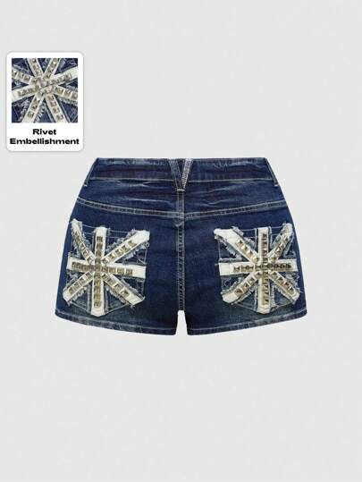 Grunge Punk Short en jean ajusté à taille ultra basse avec broderie de drapeau américain pailleté sexy, pour femmes. Idéal pour les festivals d'été