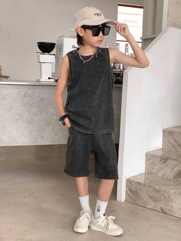 SHEIN Tween Boy 2Pcs Fashion Casual A Basic And Comfortable Daily Grey Knitted Denim Sleeveless Vest Top And A Comfortable And Simple Denim Shorts 2 Pieces Set For Kids Clothes Boys Costume Dailywear And Kids Summer And Spring Rave Outfits Festival And Beach Outfits Clothes