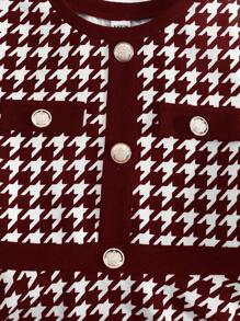 SHEIN Tween 女童千鸟格纽扣装饰圆领修身优雅中长连衣裙