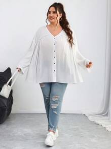 SHEIN CURVE+ Plus Size Women V Neck Single Breasted Long Sleeve Casual Loose Shirtsummer/Country/Beach Vacation Outfits/Beach Outfits/Beach Wear