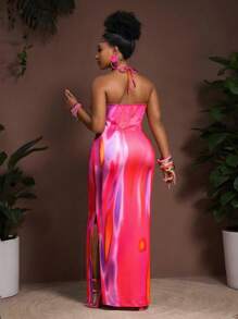 Slaydiva 新款露背系带高开衩连衣裙，抽象渐变几何印花，百搭休闲，适合春夏海滩度假及日常穿着 - 橙色，女士太阳裙 - 彩色 - 查看 2