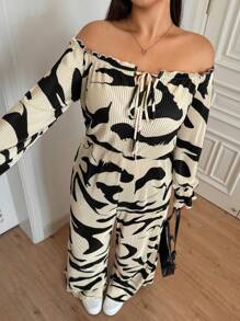 SHEIN EZwear Combinaison décontracté à épaules dénudées et volants imprimée tie-dye, grande taille - Noir et Blanc - Voir 7