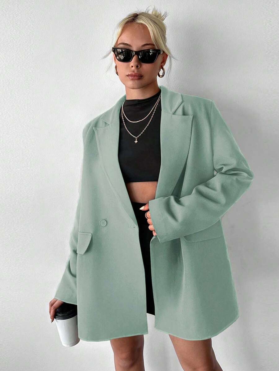 EURMUSE Turn-down Collar Double Breasted Suit Jacket - Olive Green - View 1