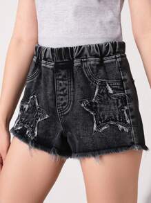 Quần short denim xanh nhạt cổ điển Y2K cho bé gái tuổi teen thêu hình ngôi sao năm cánh, dáng rộng, vải mềm mại và thoải mái, thời trang đường phố và đa năng - Xám - Xem 3