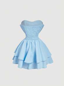 SHEIN MOD Vestido corto de vacaciones con diseño de lazo y nudo azul, vestido de primavera para mujer - Azul - Ver 2