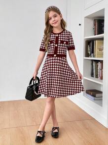 SHEIN Tween 女童千鸟格纽扣装饰圆领修身优雅中长连衣裙