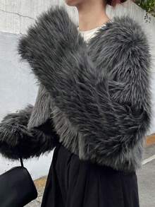 FRIFUL 女士人造毛皮开襟大衣，时尚秋冬夹克人造毛皮大衣 - 卡其色 - 查看 4