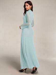 Modelyn 女士优雅高领褶皱长袖透视连衣裙 - 藍色 - 查看 2