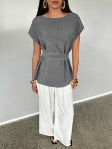 Aloruh Women's Simple Solid Color Linen-Like Blouse - Dark Grey - View 6