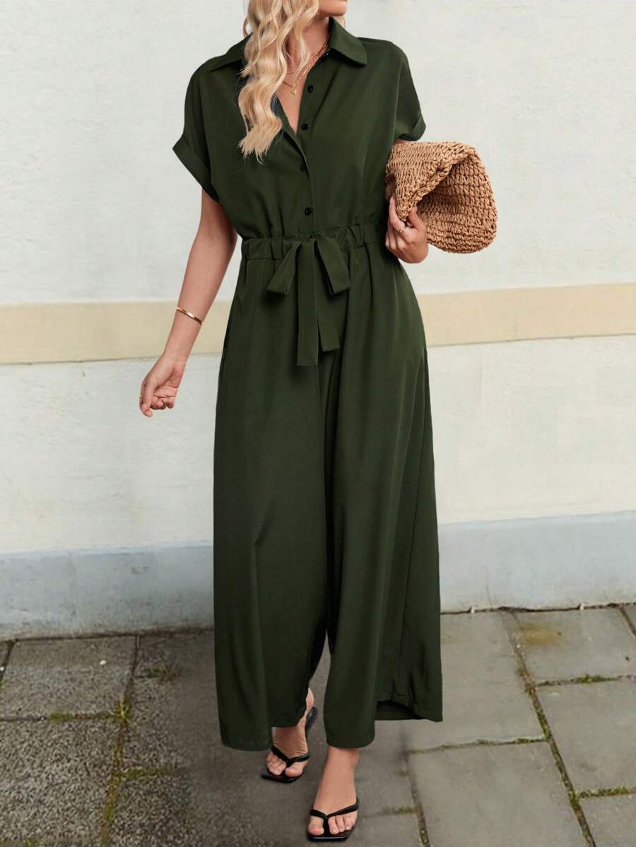 INAWLY Women's Vacation Casual Solid Color Drawstring Waist Jumpsuit - Army Green - View 1