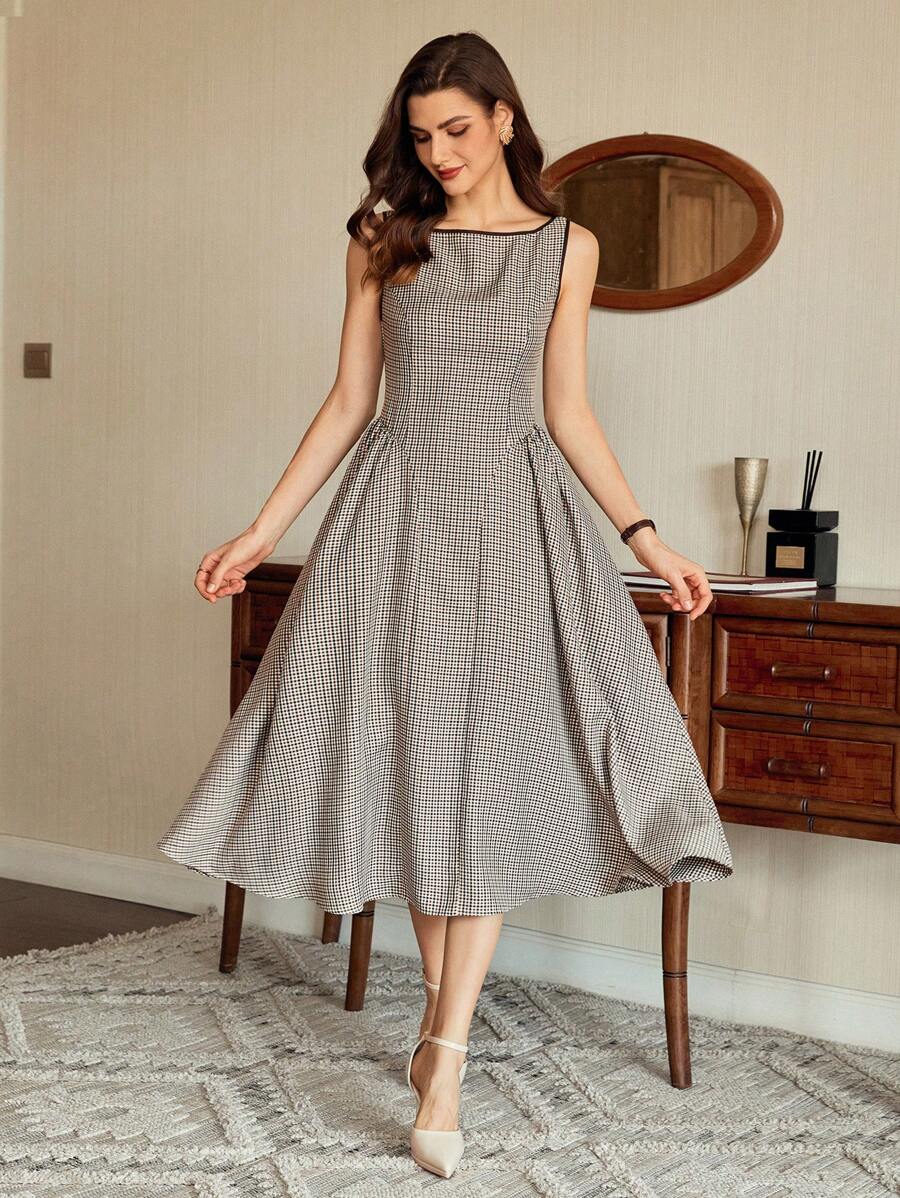 Vintamour Retro Classic Elegant Women's Dress, Spring/Summer Fitted Plaid Colorblock Sleeveless Long Dress - Coffee Brown - View 1