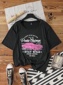 SHEIN Essnce 休闲复古汽车图案落肩女式 T 恤，适合夏季