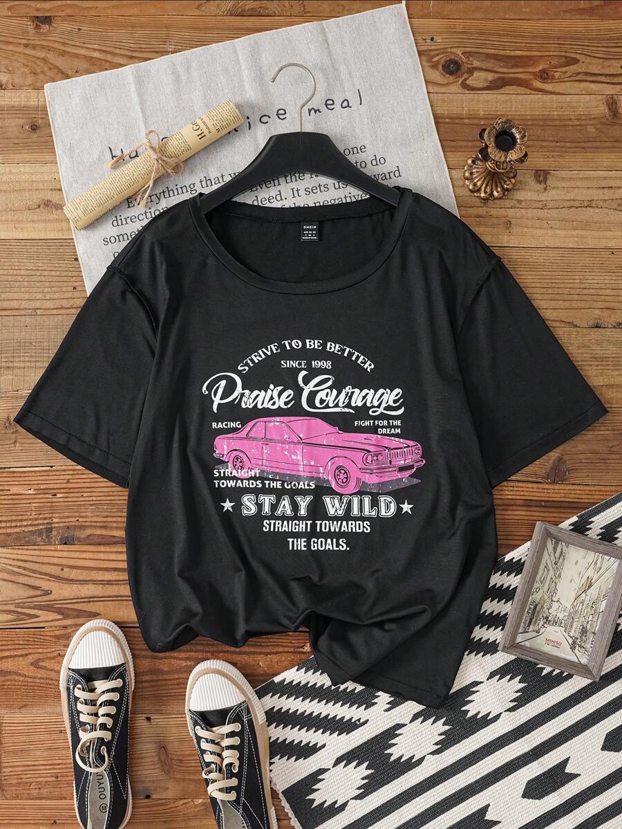 SHEIN Essnce 休闲复古汽车图案落肩女式 T 恤，适合夏季