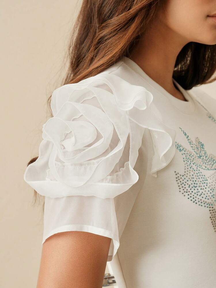 Crew Neck 3D Floral Embellished Short Sleeve Casual Elegant T-Shirt