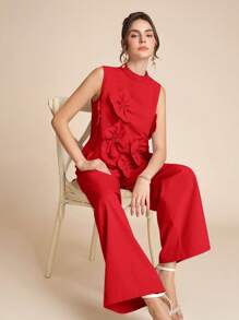 Amorya 女士时尚优雅浪漫 3D 花卉上衣和阔腿裤两件套 - 紅色 - 查看 5