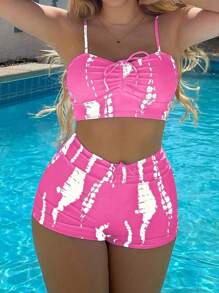 SHEIN 2 件套新款粉色随机印花休闲沙滩比基尼套装，女士夏季泳衣 - 彩色 - 查看 1