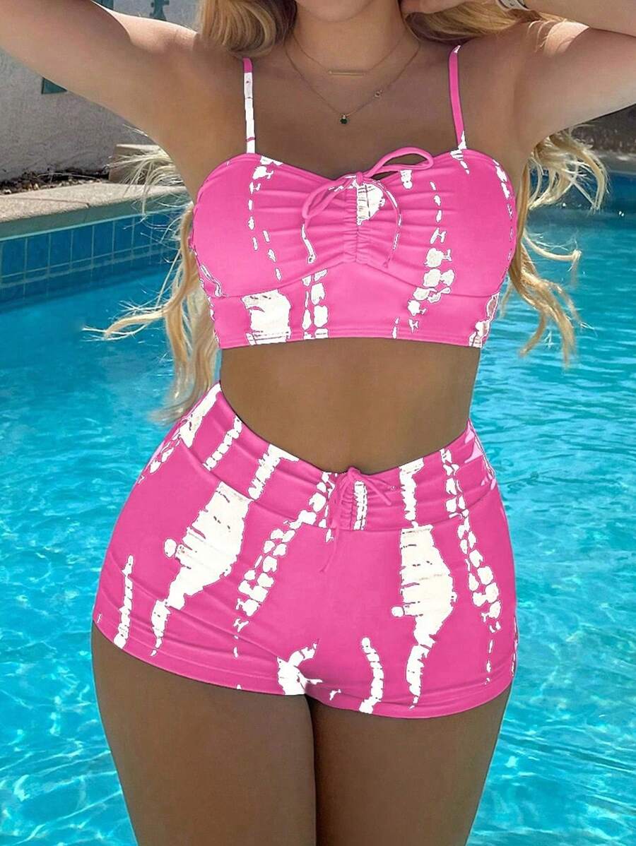 SHEIN 2 件套新款粉色随机印花休闲沙滩比基尼套装，女士夏季泳衣 - 彩色 - 查看 1
