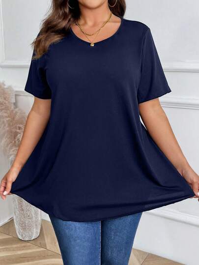 EMERY ROSE Plus Size Plain Short Sleeve T-Shirt, Casual And Versatile, Summer