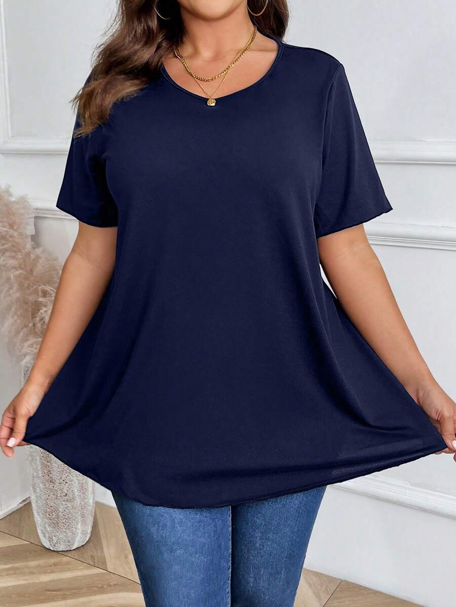 EMERY ROSE Plus Size Plain Short Sleeve T-Shirt, Casual And Versatile, Summer - Navy Blue - View 1