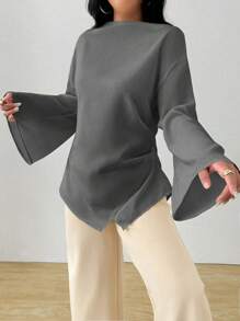 INAWLY 女士优雅中长款中式喇叭袖衬衫，适合工作和日常穿着 - 灰色 - 查看 3