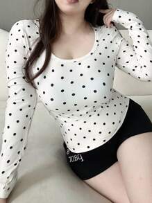 Dazy Plus Áo thun cổ tròn chấm bi tay dài ôm sát co giãn cỡ lớn - Màu be - Xem 1