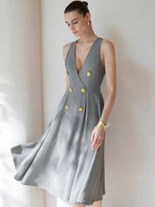 Aveloria Modichic Double Breasted Fold Pleated Detail Dress - Light Grey - View 4