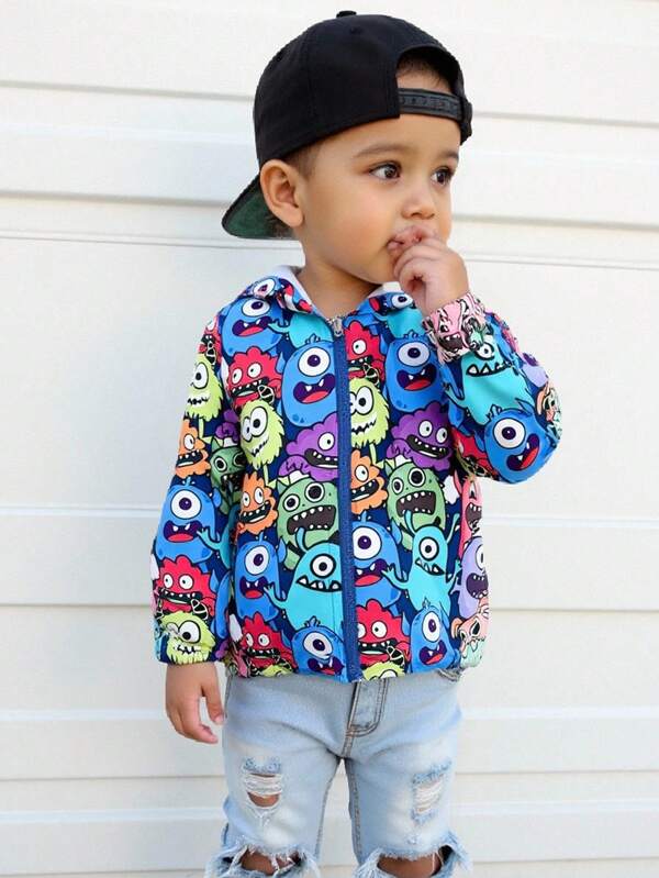 SHEIN Baby Boy Baby Girl Casual Hooded Cardigan With Cartoon Monster Pattern,In Fall/Winter