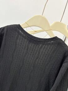 SHEIN Teen Girl Autumn New Fashion Long Sleeve Work Clothes Business Clothes Casual Commuting Elegant Jacquard Fabric 2 Pockets Long-Sleeved Black Coat Fall Winter