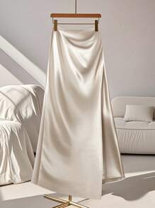 Franclia 女士优雅知性缎面开衩铅笔裙 - 杏色 - 查看 4