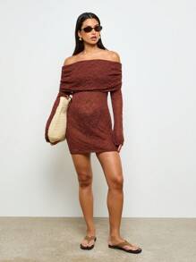 AiiRZ Vestido de punto con hombros descubiertos, vestido de suéter de manga larga para invierno y otoño, vestido mini fruncido elegante para fiestas y eventos, vestimenta elegante de noche de punto cómoda - Café integral - Ver 3