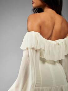 MISSGUIDED Ruffle Off Shoulder Long Sleeve Corset Mini Dress Chiffon Lace Up Detail Festival Dance Party Wedding Guest Resort Wear - White - View 5