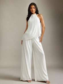 Hauture Old Money Sexy Business Casual Satin Pleated Wide Leg Ivory Pants For Women – Elegant High Waist Palazzo Trousers, Chic Office Lady Statement, Professional Workwear & Stylish Basic Minimalist Bottoms