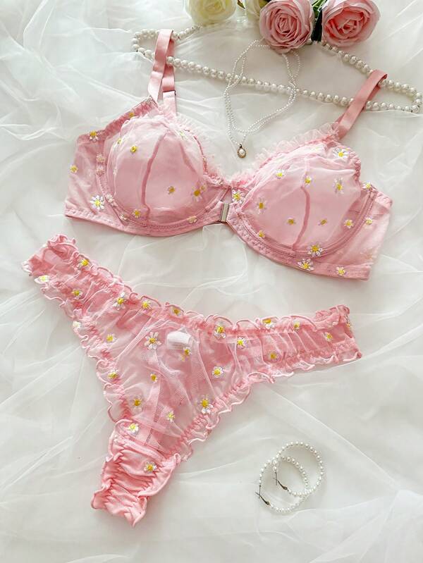 SHEIN 2pcs Plus Size Romantic Embroidery Wire-Decorated Sexy Lingerie Set, Lift