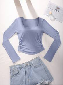Women's Solid Color Undershirt, Long Sleeves, Square Neck, Minimalist And Comfortable - 藍霧 - 查看 6