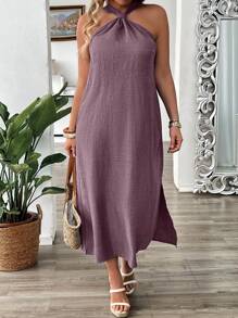 SHEIN LUNE 大码牛仔效果印花吊带中长连衣裙