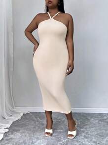 INAWLY Plus Solid Bodycon Sleeveless Dress For Summer - Beige - View 3