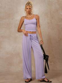 SHEIN Forever 21 休闲度假宽松绿色吊带上衣和裤子套装 - 紫色 - 查看 5