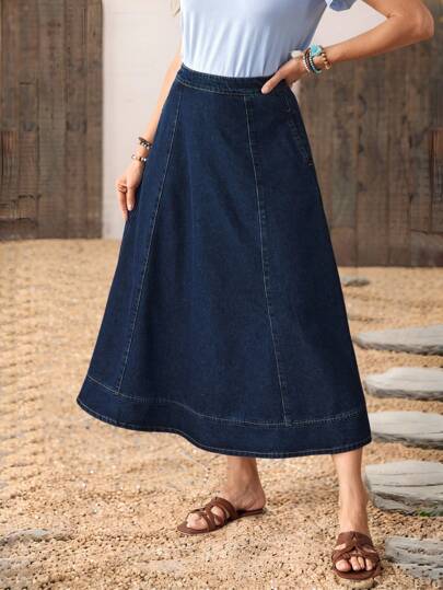 LanaWest 女式高腰休闲通勤插袋A字牛仔迷你裙