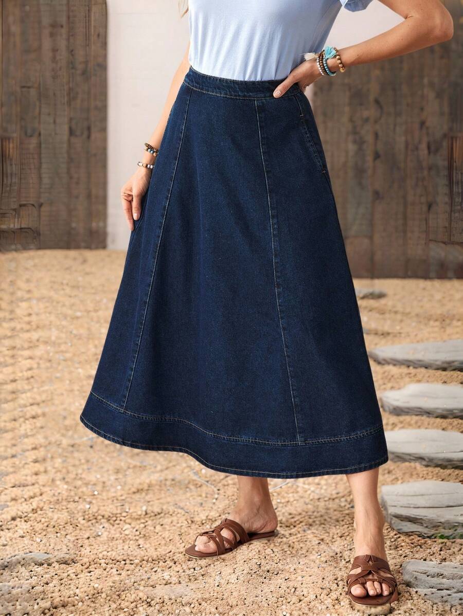 LanaWest 女式高腰休闲通勤插袋A字牛仔迷你裙 - 深色水洗藍 - 查看 1