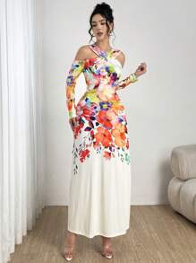 Modelyn Digital Print Off Shoulder Bodycon Twist Front Long Sleeve Dress For Women Fall Cloth For Women