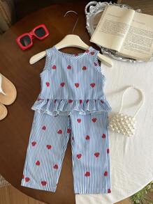 SHEIN Vintaside Kids 2pcs/Set Baby Girl Summer&Autumn Casual Style Strawberry-Printing Sleeveless Top&Long Pants - Blue - View 1