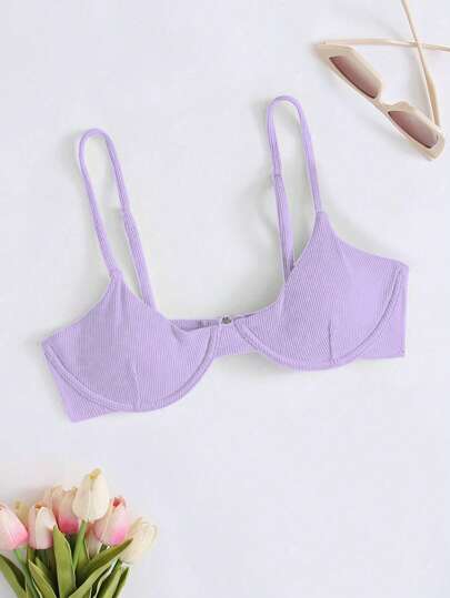 SHEIN Swim Women's Solid Color Ribbed Bikini Top With Underwire, No Push Up, Summer Beach